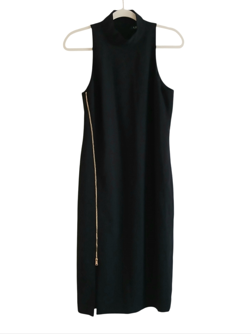 LAUREN RALPH LAUREN High Neck Crepe Zip Detail LBD Dress Women's 10 Lined Sexy